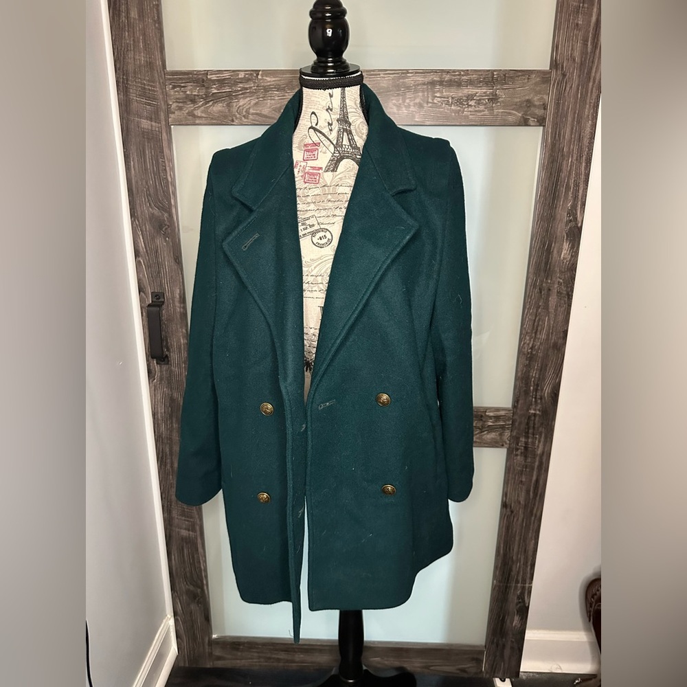 Vintage Green Wool Double-Breasted Women's Pea Coa